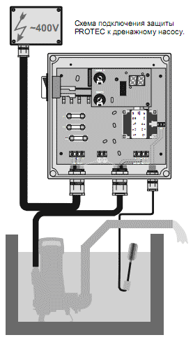 Схема подключения защиты PROTEC к дренажному насосу.