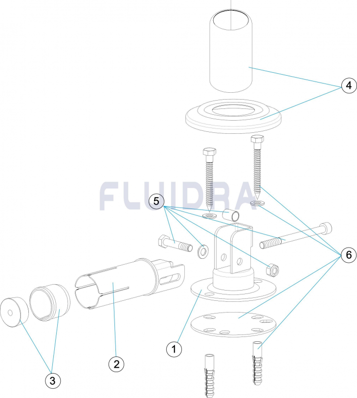 Деталировка кронштейна поворотного с фланцем, диаметр 43 мм, AISI-304 Арт. 08727