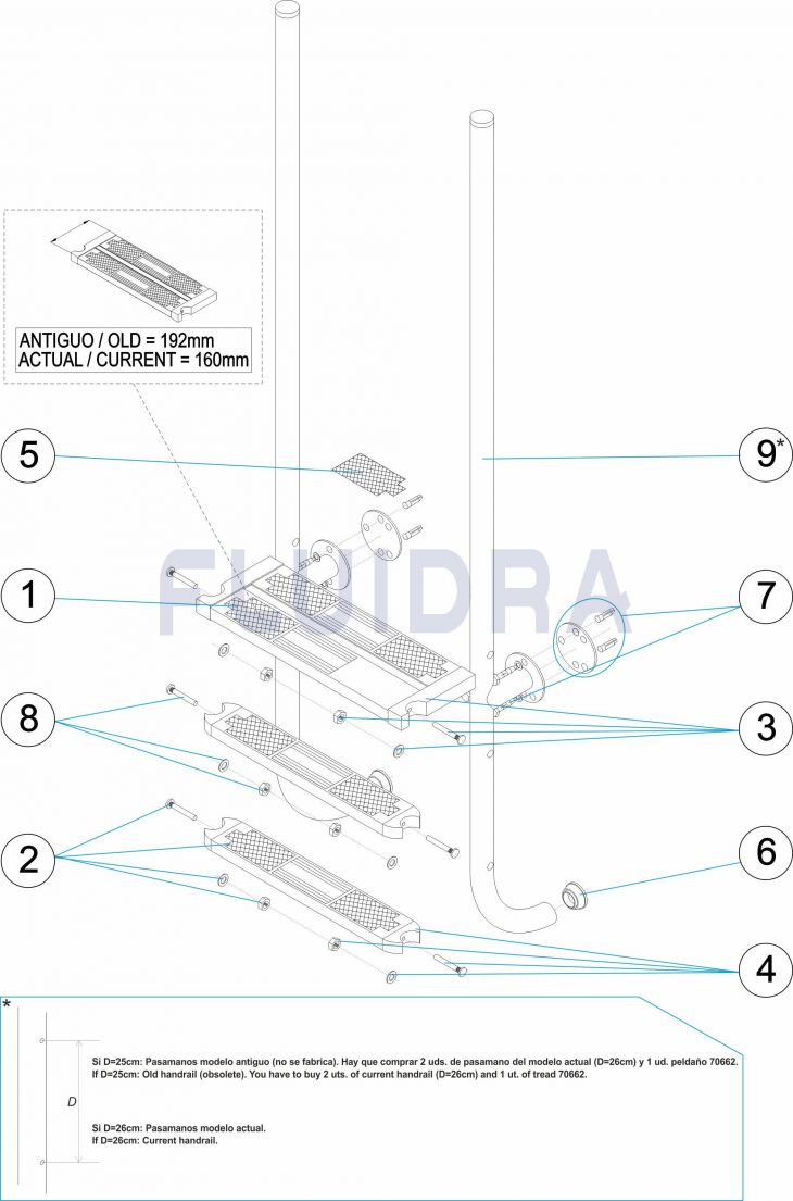 Деталировка лестницы Elegance 4 ступени Luxe (одна двойная), AISI-316 Арт. 45783