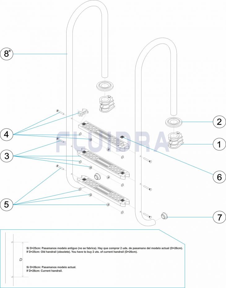 Деталировка лестницы для бассейна Wall, Standart 5 ступени с накладками, AISI-304 Арт. 15205