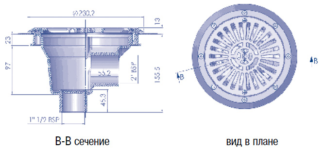 Круглый донный слив диаметром 200 мм с плоской решеткой