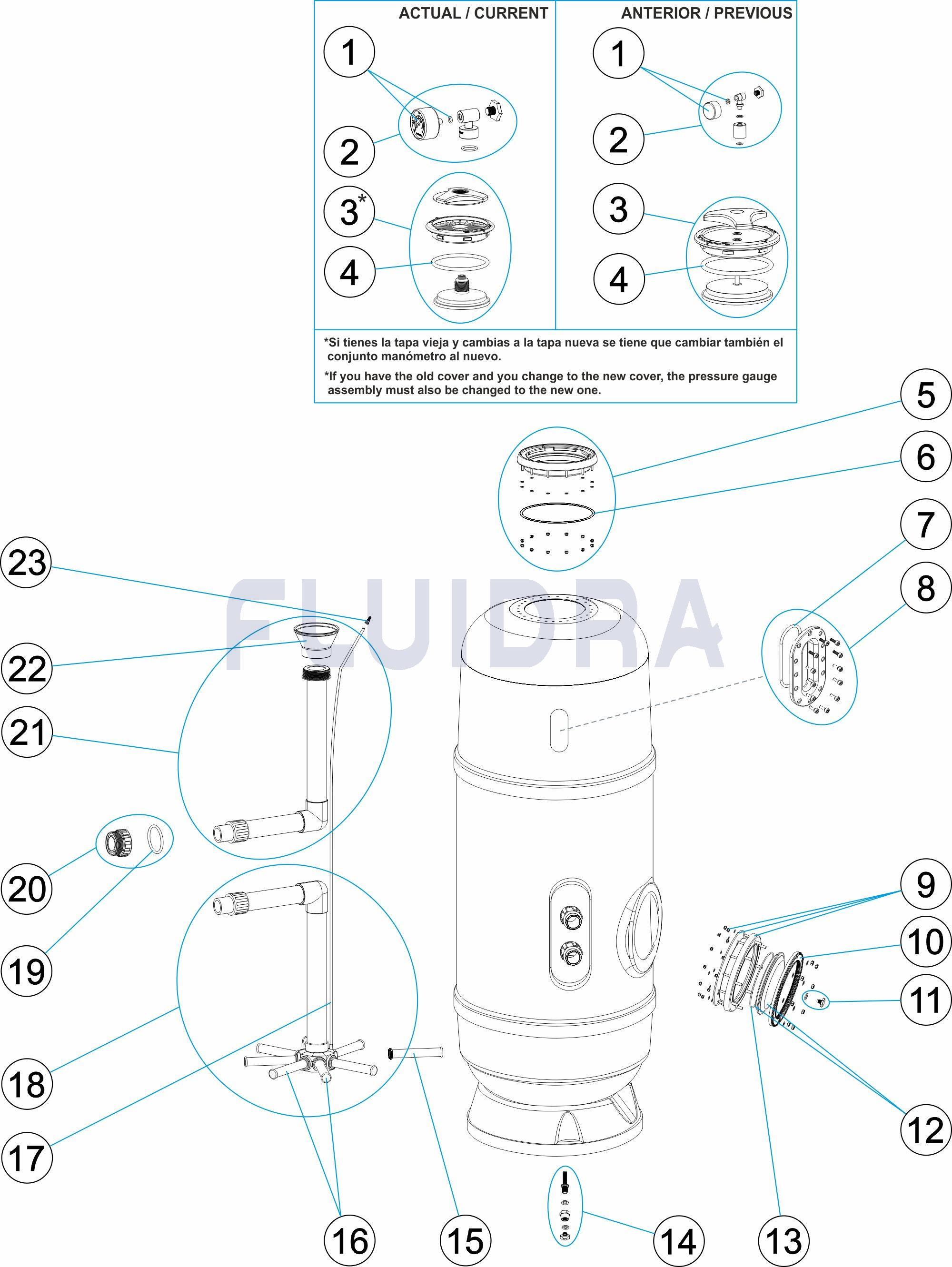 Деталировка Фильтра для бассейнов Delta 1200 Ø 650 мм, 13,3 м3/ч, с боковым подключением