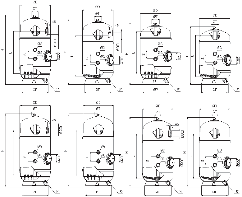 Размеры Фильтр для бассейнов Delta 1200 Ø 650 мм, 13,3 м3/ч, с боковым подключением Арт. 36680