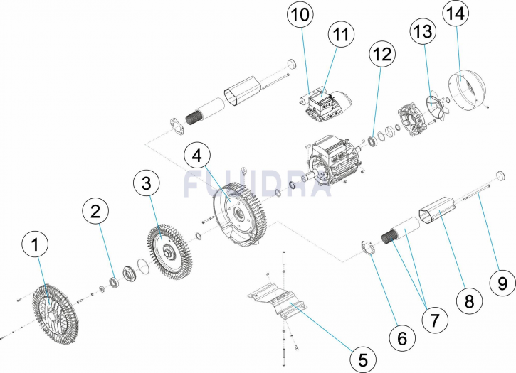 Деталировка компрессора воздушного, центробежного, 210 м3/ч, 1,5 кВт, давление 200 мбар, 230 В арт. 33971-2450