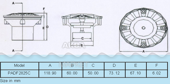 Размер Форсунка донная для бетонного бассейна подкл.50мм /PADF2825C/