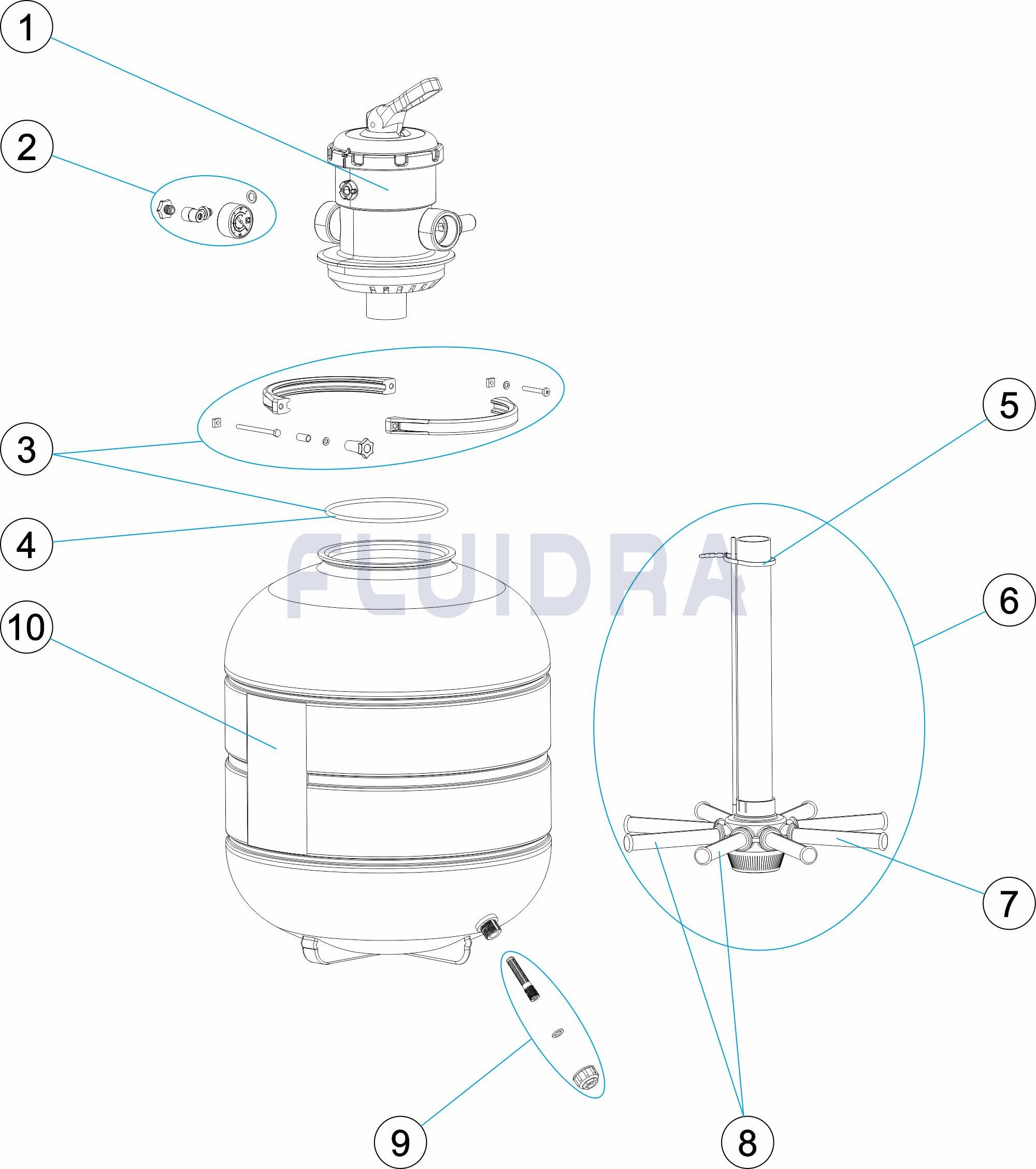 Деталировка ФИЛЬТР "MILLENNIUM" Ø 480 ММ, 9 М3/Ч, С ВЕРХНИМ ПОДКЛЮЧЕНИЕМ