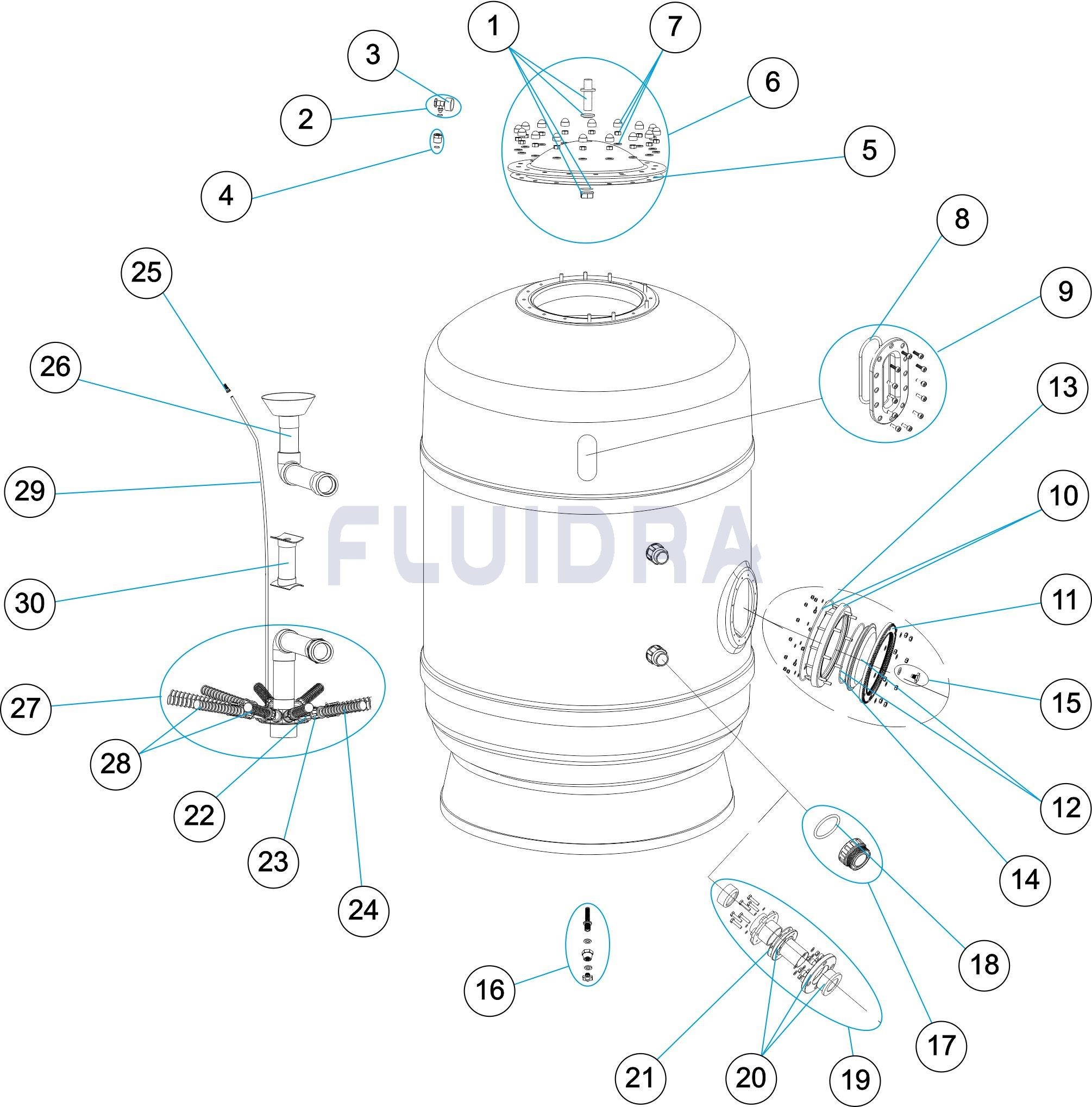 Деталировка ФИЛЬТРА DELTA 1000 Ø 1200 ММ, 45,2 М3/Ч, С БОКОВЫМ ПОДКЛЮЧЕНИЕМ, ЗАСЫПКА 1 М Арт. 36679