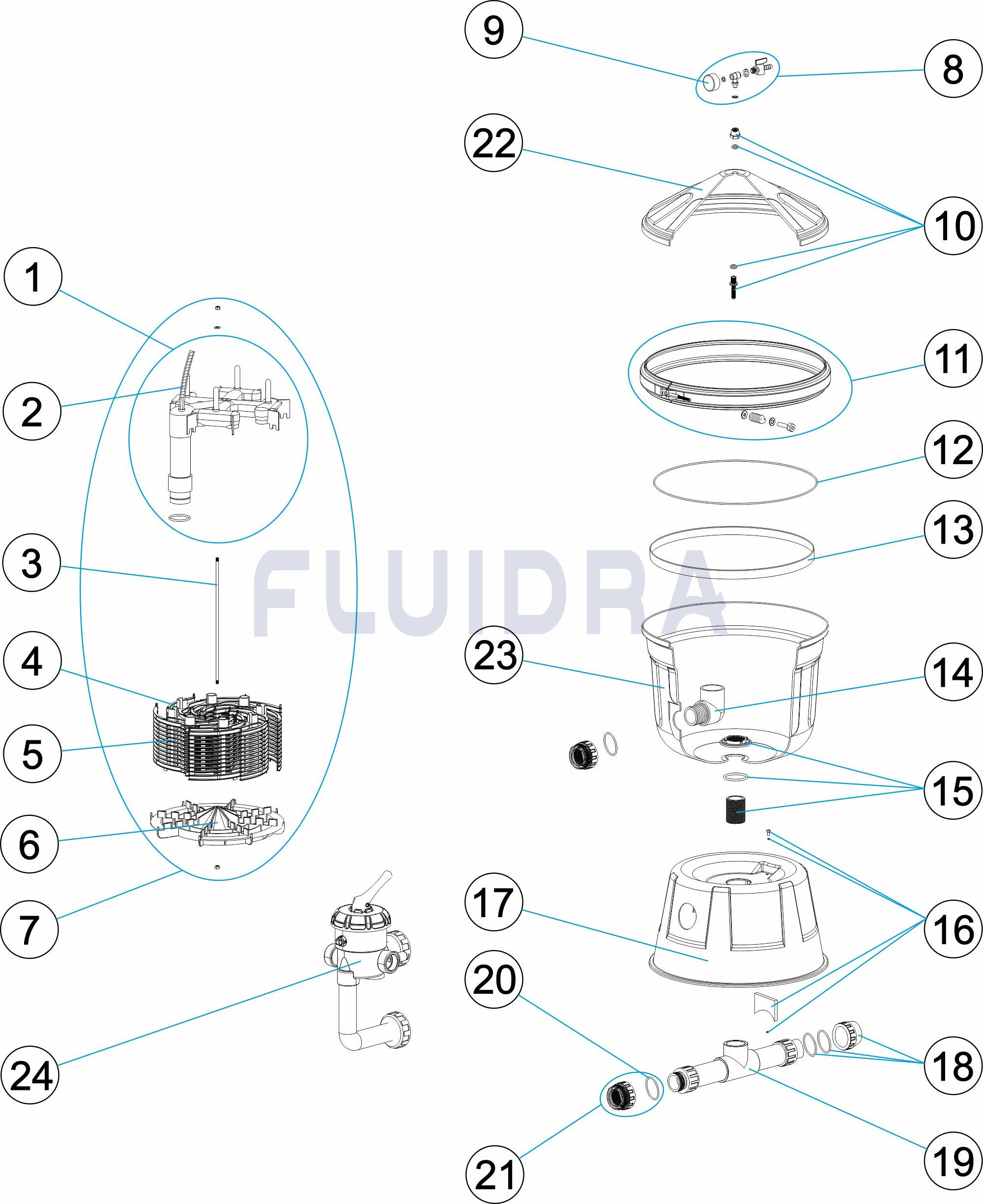 Деталировка фильтра CLARITY Ø 600 мм, 11 м3/час, с боковым подключением Арт. 11619