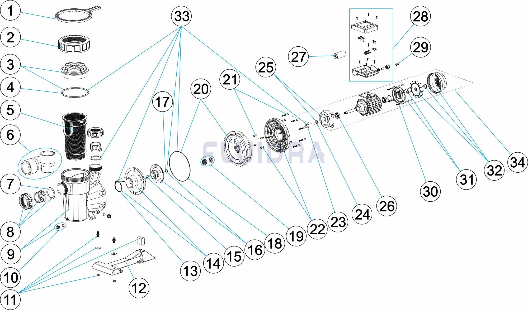 Деталировка насоса для бассейнов Victoria Plus Silent 50Т 10 м3/ч, давление 8 м, 0,43 кВт, 380 В Арт. 38770