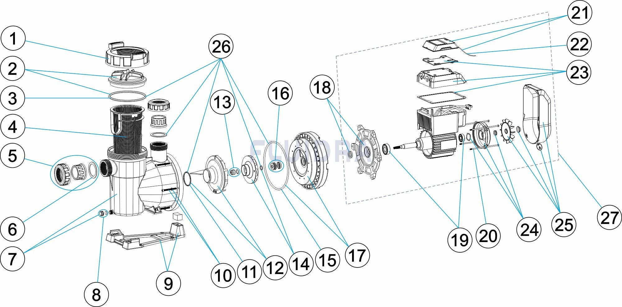 Деталировка насоса для бассейнов Victoria plus Silent 50Т, 7,5 м3/ч, 380 В, 0,38 кВт арт. 65558