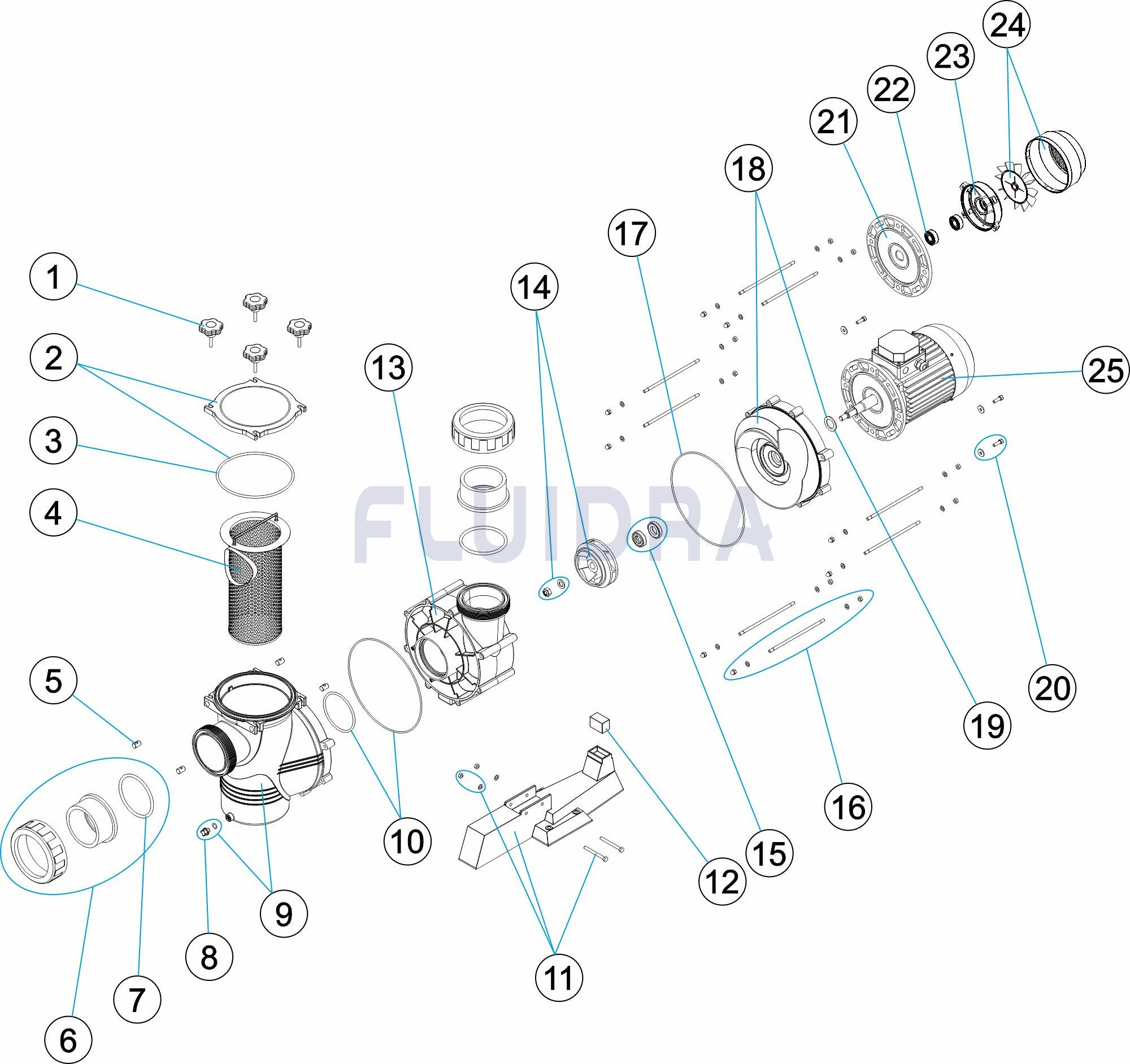 Деталировка насоса для бассейнов Colorado, 60 м3/ч, подкл. 90 мм, 380 В, 2,9 кВт арт. 44706